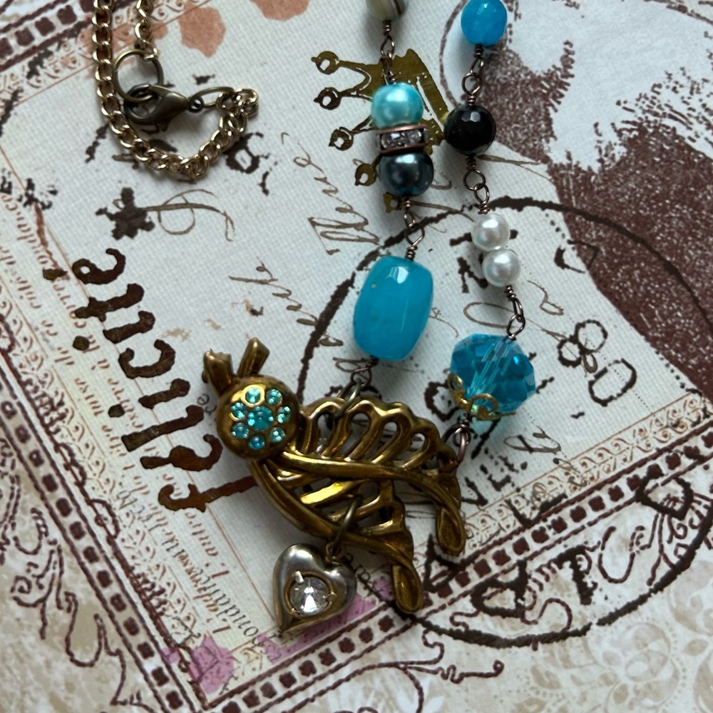 Hand Crafted Vintage Bird Brooch Necklace with crystals and pearls